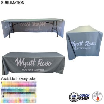 48 Hour Quick Ship - Sublimated PREMIUM Table Cloth for 8' Table, Drape Style, Open Back, Rounded corners