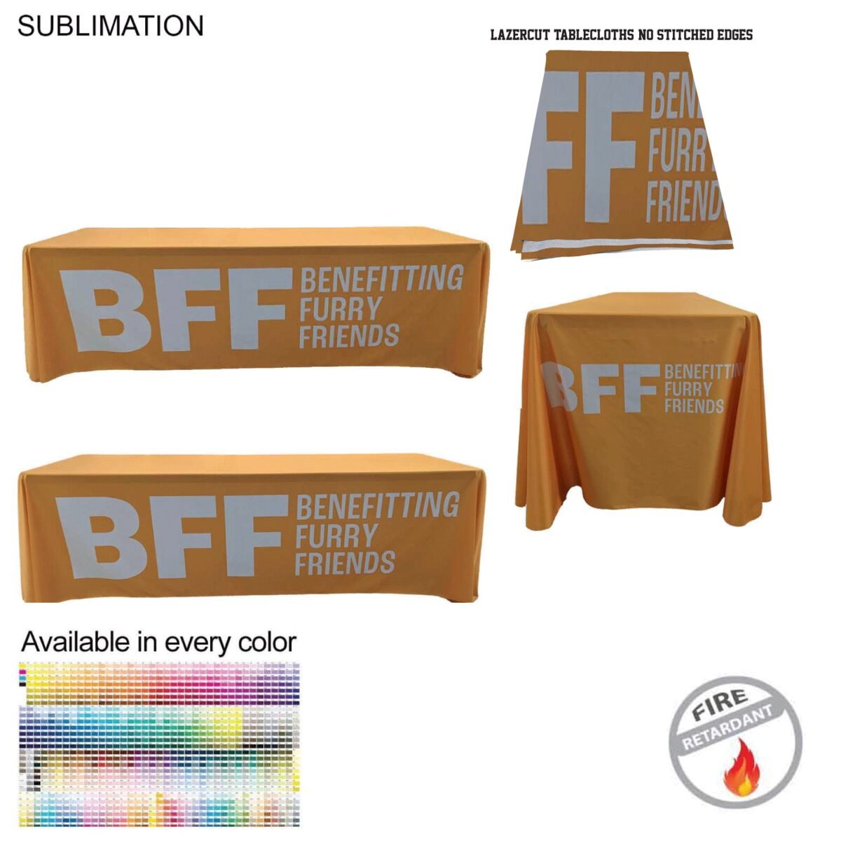 1E554843A55DE7DD8F5E0931642126B4 8' LazerCut 4-Sided PREMIUM Sublimated Tablecloth, Drape Style, Closed Back