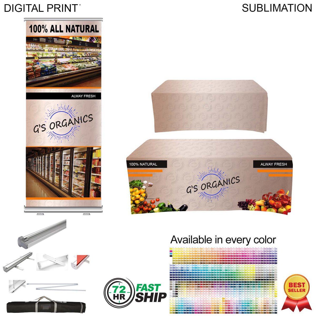 326FED12377DAF22660CCDA2D8B55B71 72 Hr Fast Ship - Most Popular Tradeshow Package, Premium Retractable Banner + Sublimated Tablecloth