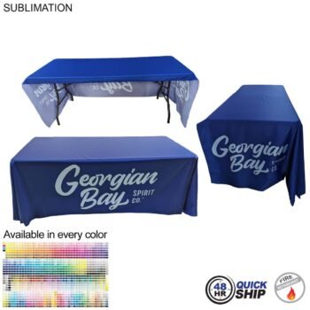 48 Hour Quick Ship - Sublimated PREMIUM Table Cloth for 6' Table, Drape Style, Open Back, Rounded Corners