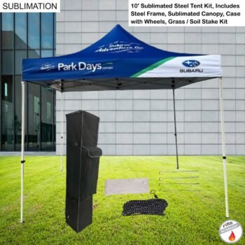 Steel Tent Kit Includes Steel Frame, 10' Steel Tent Kit, Includes Steel Frame, Sublimated Canopy, Case, Grass Stake Kit