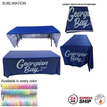 24 Hour Express Ship - PREMIUM Sublimated Tablecloth 6' LazerCut 3-Sided, Drape Style, Open Back