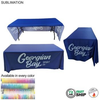 72 Hour Fast Ship - Sublimated PREMIUM Table Cloth for 6' Table, Drape Style, Open Back, Rounded Corners