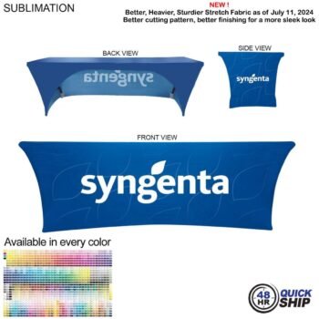 48 Hour Quick Ship - Sublimated Stretch Curved Fit Tablecloth Throw for 8ft table, 3 sided, Open Back