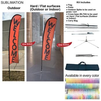 10-foot Small Feather Flag Kit, 10' Small Feather Flag Kit, Full Color Graphics One Side, Outdoor Spike base, Indoor Cross Base