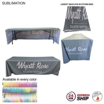 24 Hour Express Ship - PREMIUM Tablecloth 8' Sublimated LazerCut 3-Sided, Drape Style, Open Back
