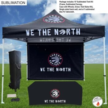 Deluxe Event Package, 10' Sublimated Tent kit, Single sided backwall, and 6' Box Fit Tablecloth