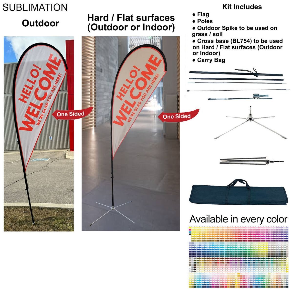 925B71489A553CC4CAE68980DB0D50DB 9-foot Small Tear Drop Flag Kit, 9' Small Tear Drop Flag Kit, Full Color Graphics One Side, Outdoor Use Spike base, Indoor Cross Base