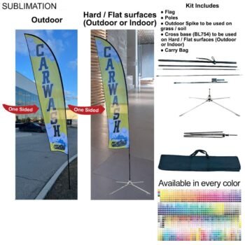 13-foot Medium Feather Flag Kit, 13' Medium Feather Flag Kit, Full Color Graphics One Side, Outdoor Spike base, Indoor Cross Base