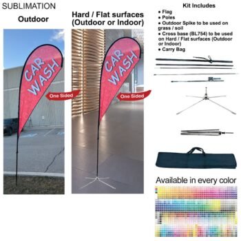 12-foot Medium Tear Drop Flag Kit, 12' Medium Tear Drop Flag Kit, Full Color Graphics One Side, Outdoor Spike base, Indoor Cross Base