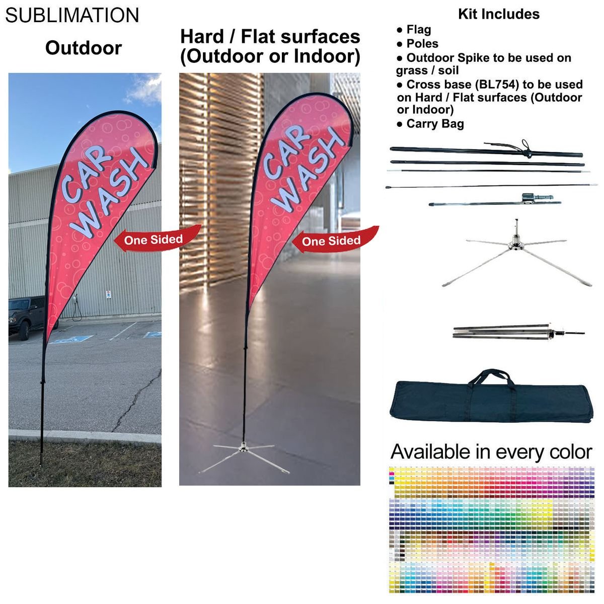 B151C434AE556A2A574C0CF485BACCD8 12-foot Medium Tear Drop Flag Kit, 12' Medium Tear Drop Flag Kit, Full Color Graphics One Side, Outdoor Spike base, Indoor Cross Base