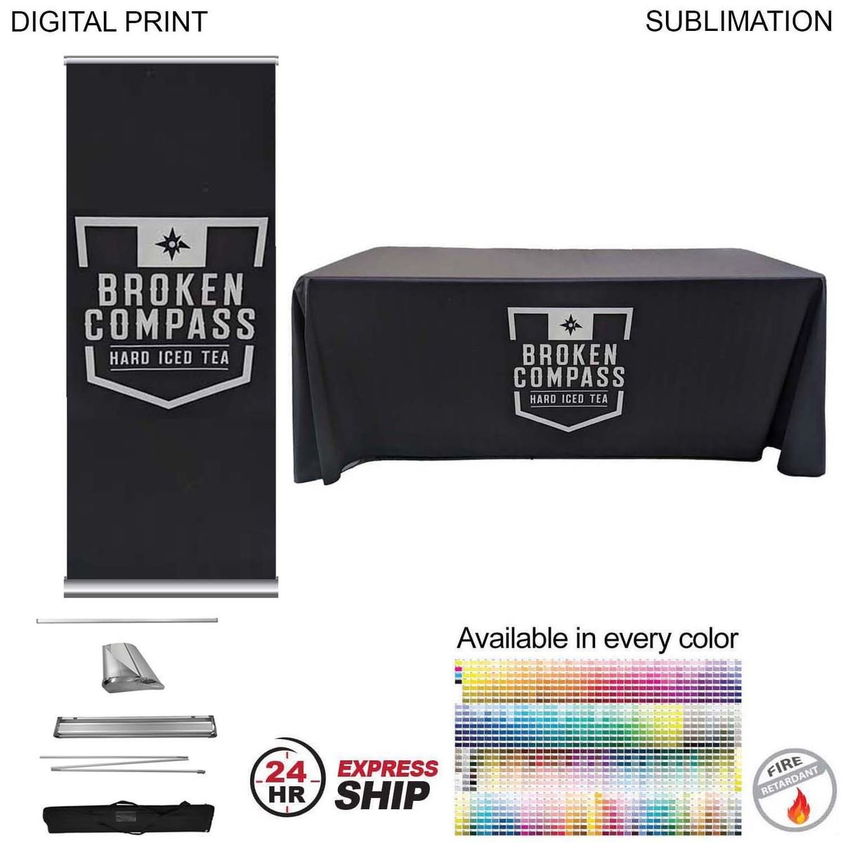 BA0E851BF7DE390ACE9EC309C50667A4 24Hr Express Ship Deluxe Tradeshow Package, Deluxe Retractable Banner+ Premium Sublimated tablecloth