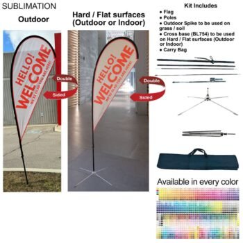 9-foot Small Tear Drop Flag Kit, 9' Small Tear Drop Flag Kit, Full Color Graphics Double Sided, Outdoor Spike base, Indoor Cross Base