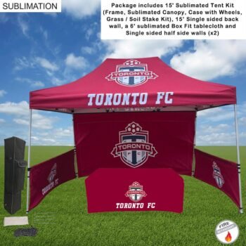 Supreme Event Package, 15' Sublimated Tent, 15' Backwall, 2 Half sidewalls, and 6' BoxFit Tablecloth